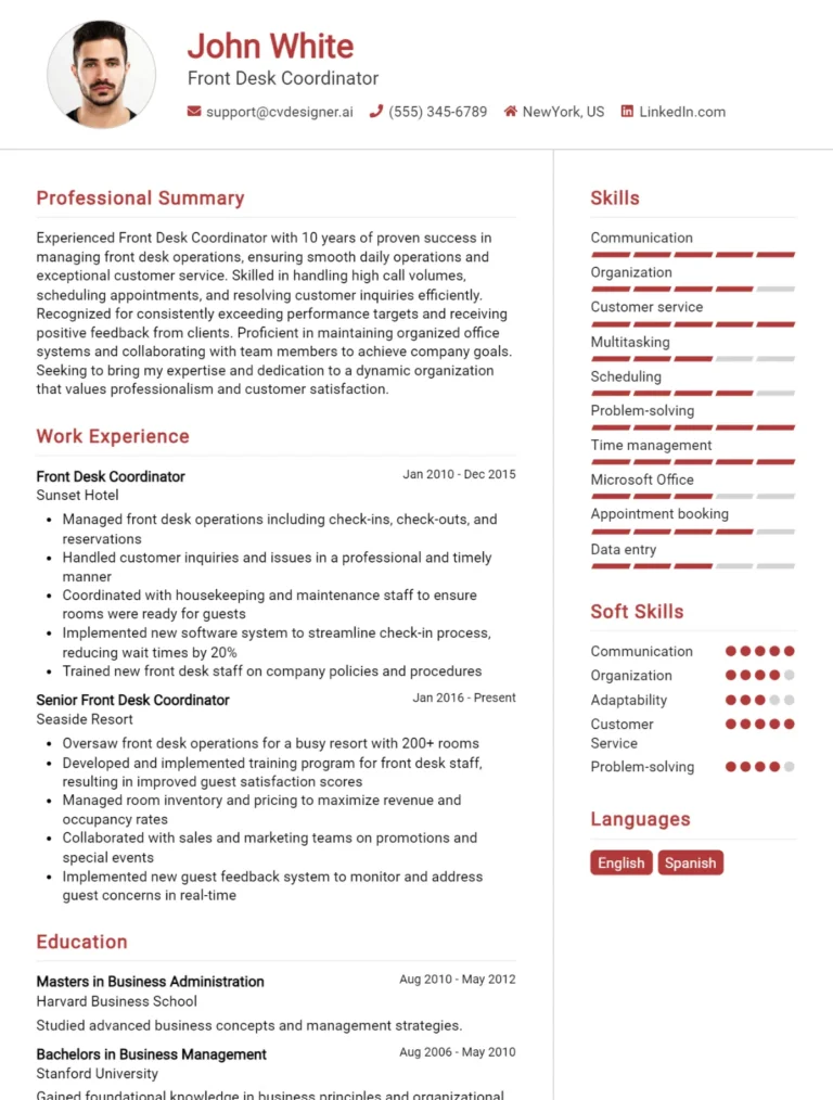 Front Desk Coordinator CV Example For 2025: Strategies & Templates