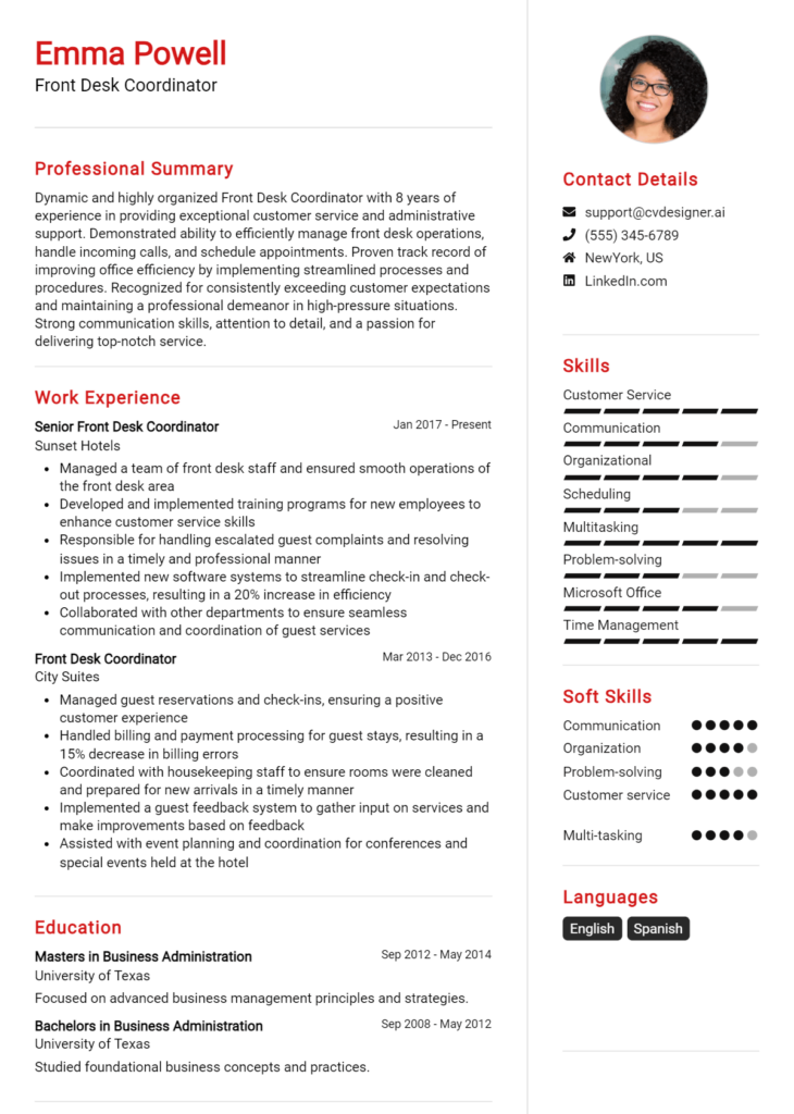 Front Desk Coordinator Resume Example For 2024 Free Downloadable Templates Cvdesignerai 7180