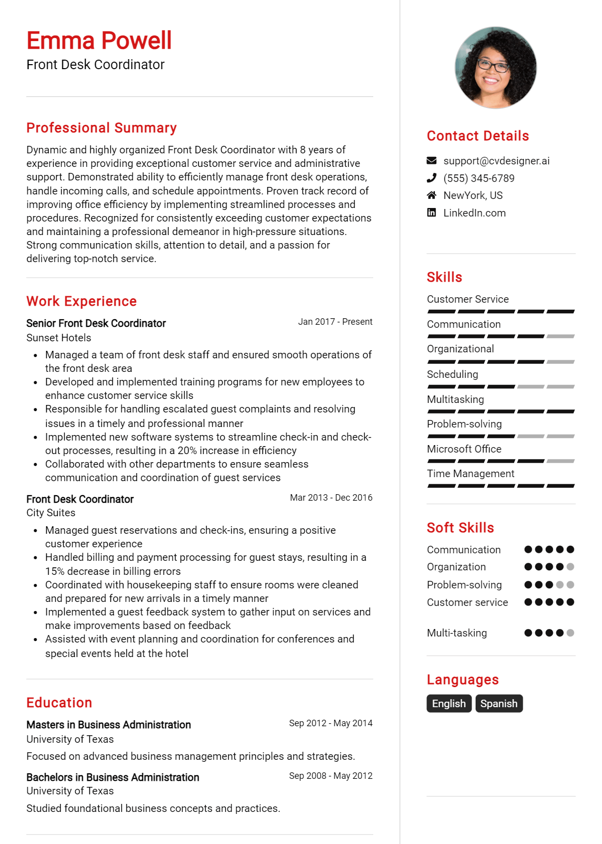 Front Desk Coordinator Resume Example