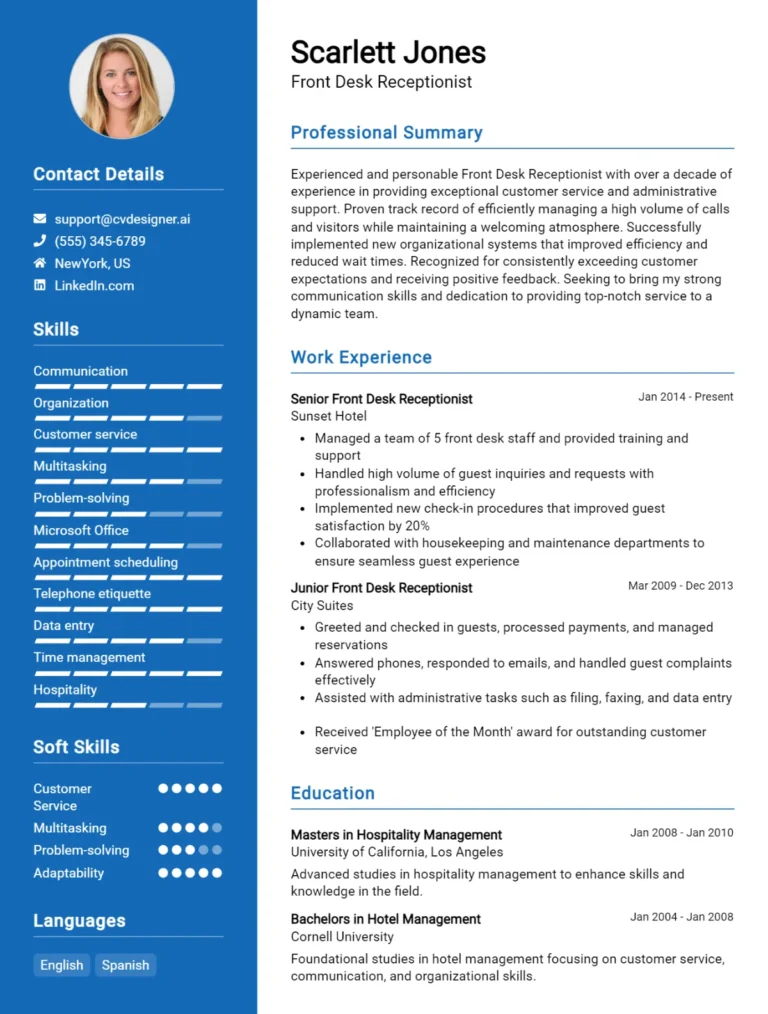 Front Desk Receptionist CV Example For 2025: Free Professional Templates