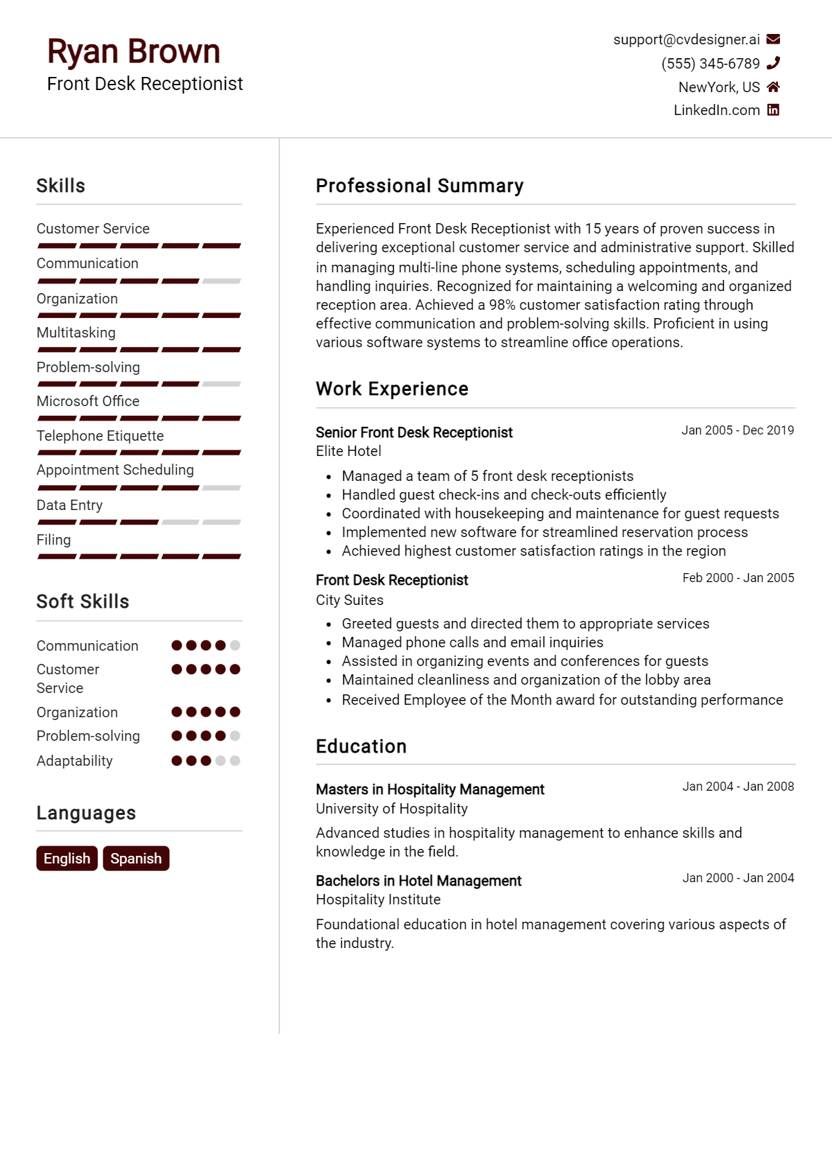 Front Desk Receptionist Resume Example