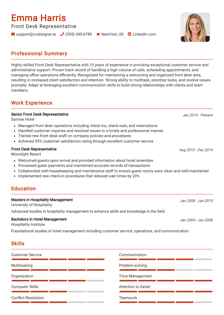 Front Desk Representative Resume Example for 2025: Samples & Best Practices