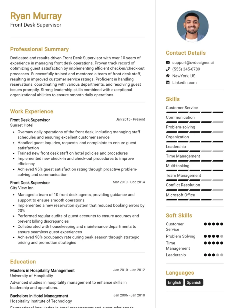 Front Desk Supervisor CV Example For 2025: How to Craft a Winning CV