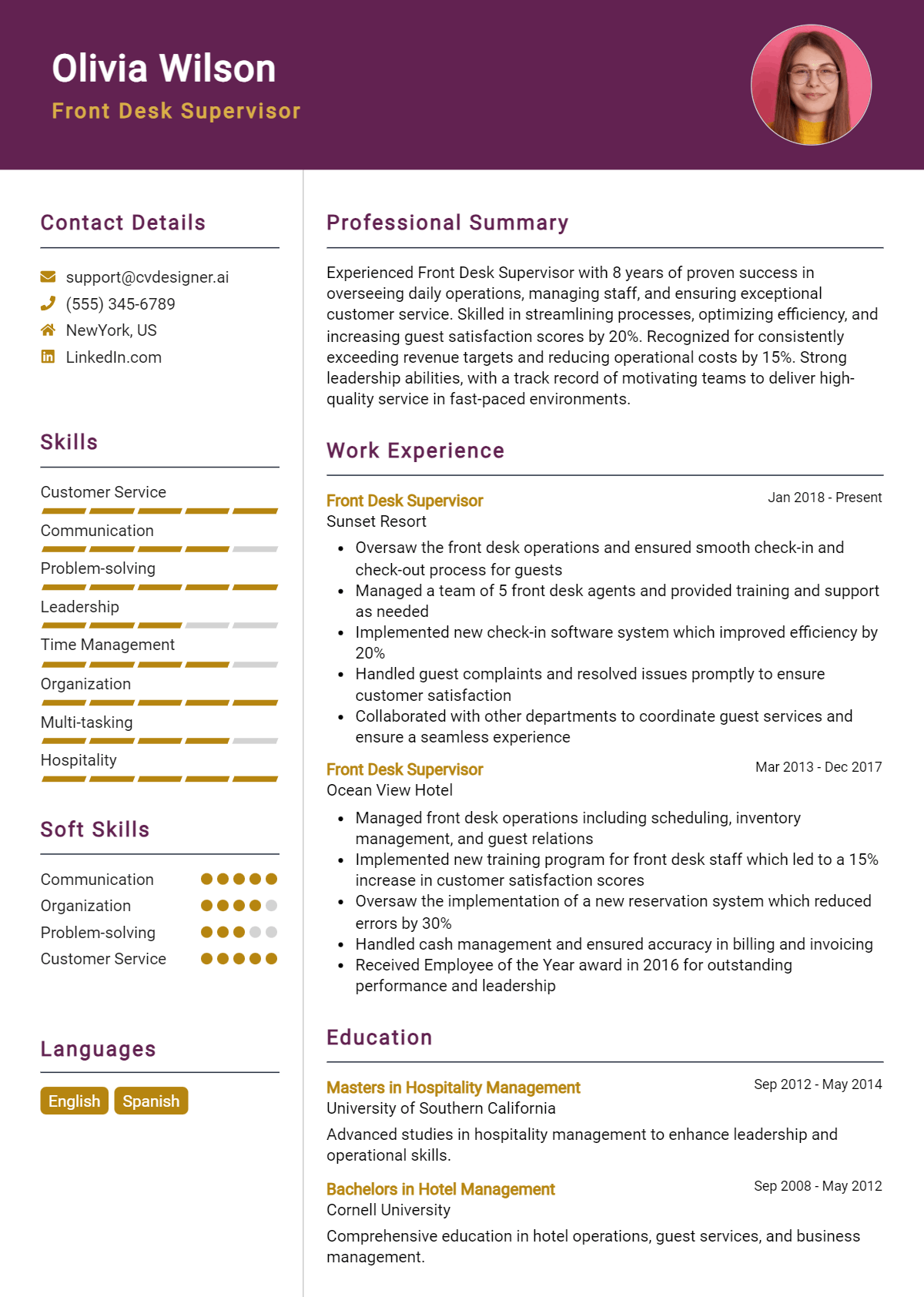 Front Desk Supervisor Resume Example