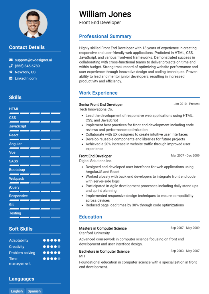 Front End Developer Resume Example