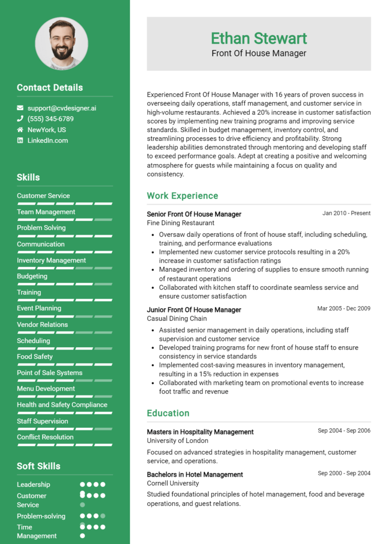 Front Of House Manager Resume Example for 2025: How to Create a Professional CV