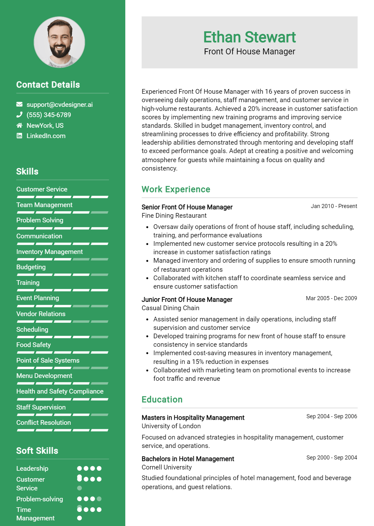 Front Of House Manager Resume Example