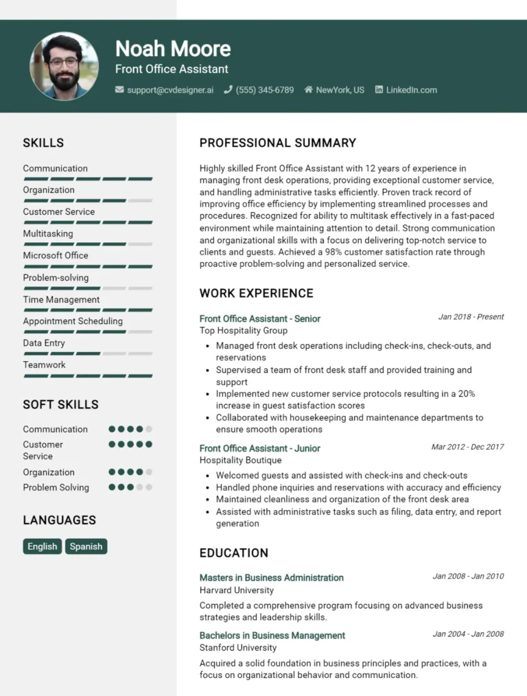 14 Front Office Assistant CV Examples And Templates For 2025