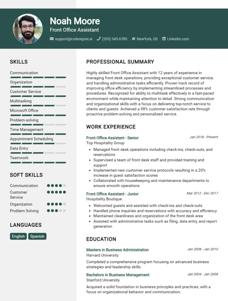 Front Office Assistant CV Example
