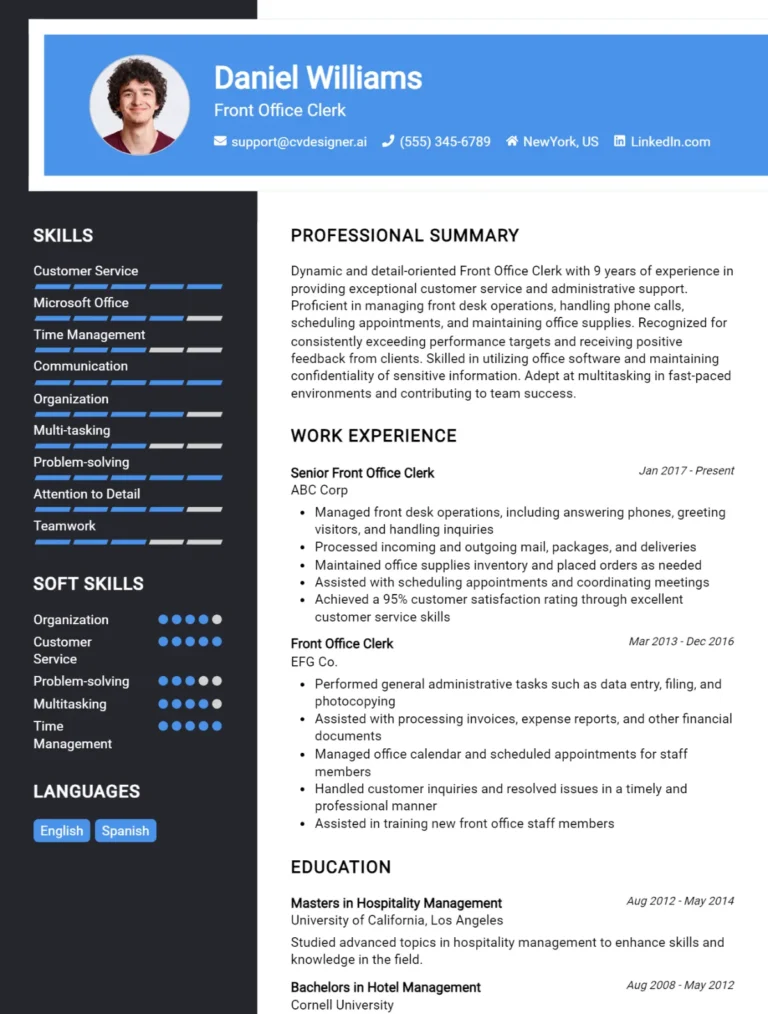 Front Office Clerk CV Example For 2025: Examples & Free Templates