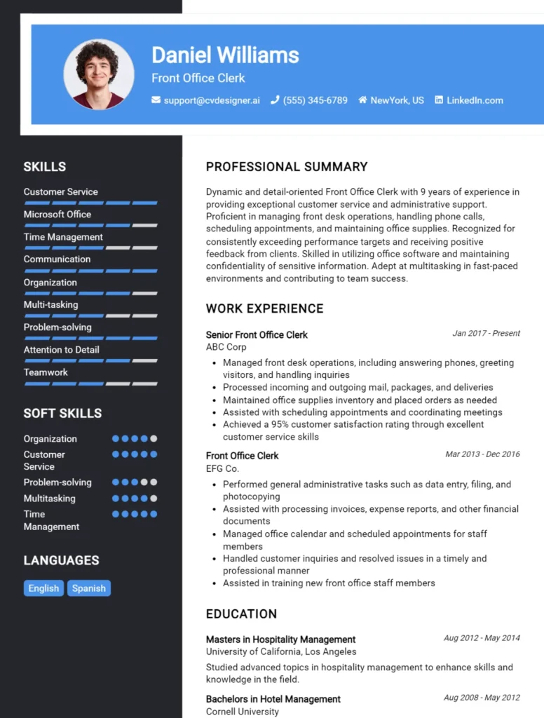 26 Office Clerk CV Examples And Free Templates For 2024 - CVDesigner.ai