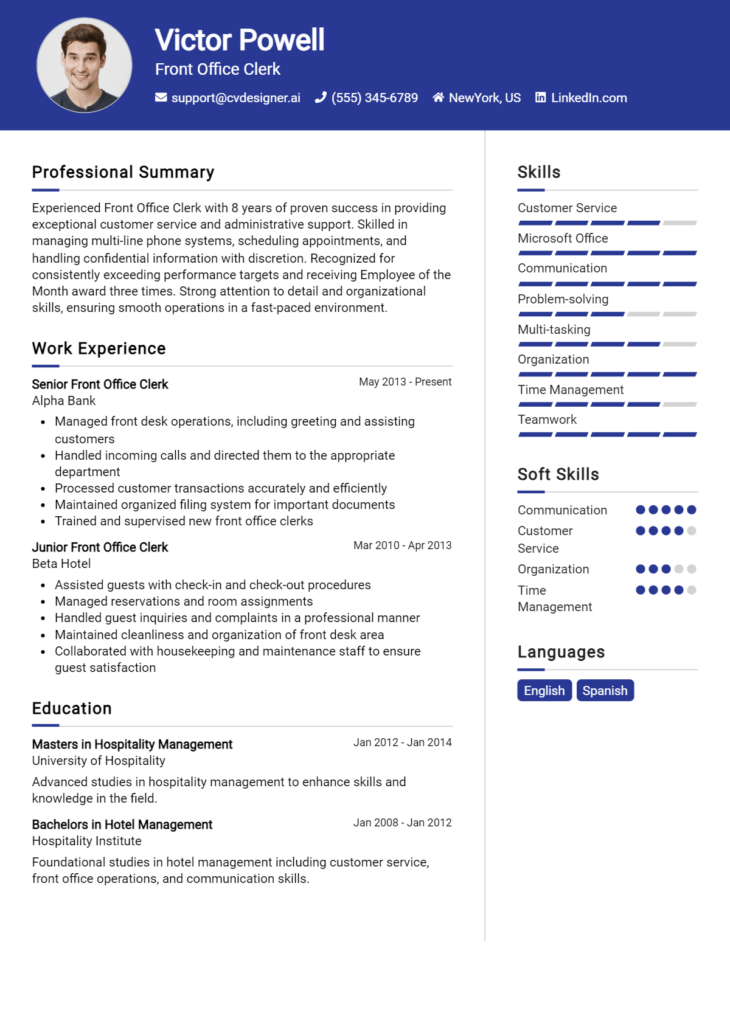 Front Office Clerk Resume Example