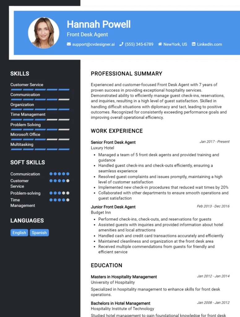 Front Desk Agent CV Example