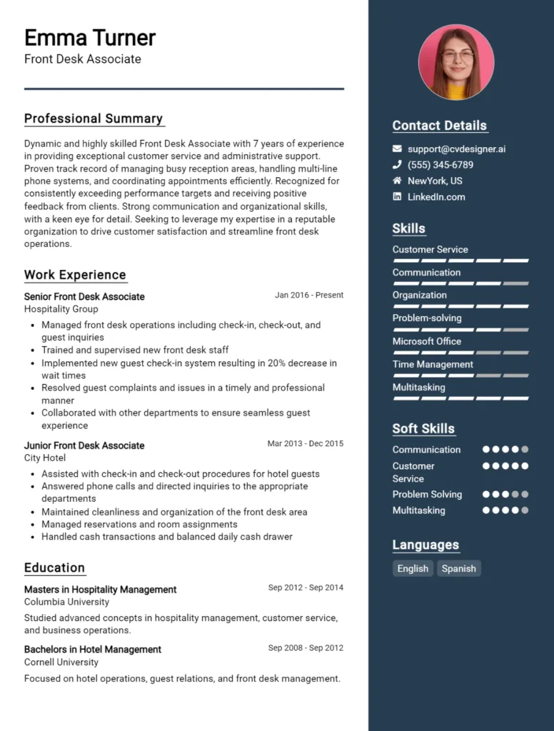 Front Desk Associate CV Example