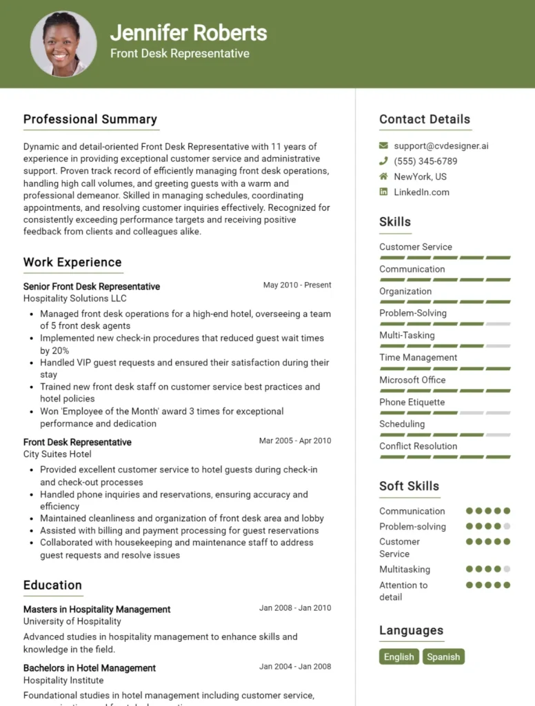 Front Desk Representative CV Example