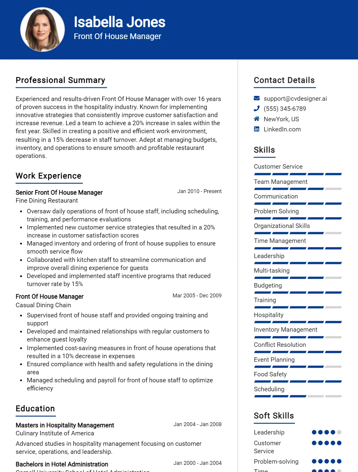 Front Of House Manager CV Example