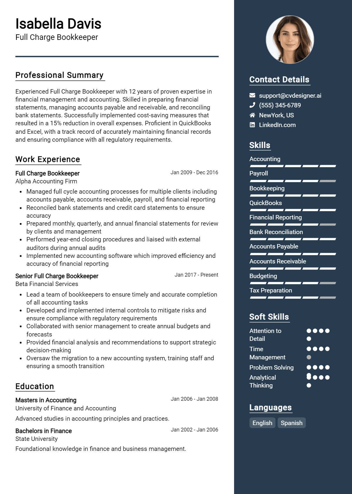 Full Charge Bookkeeper Resume Example