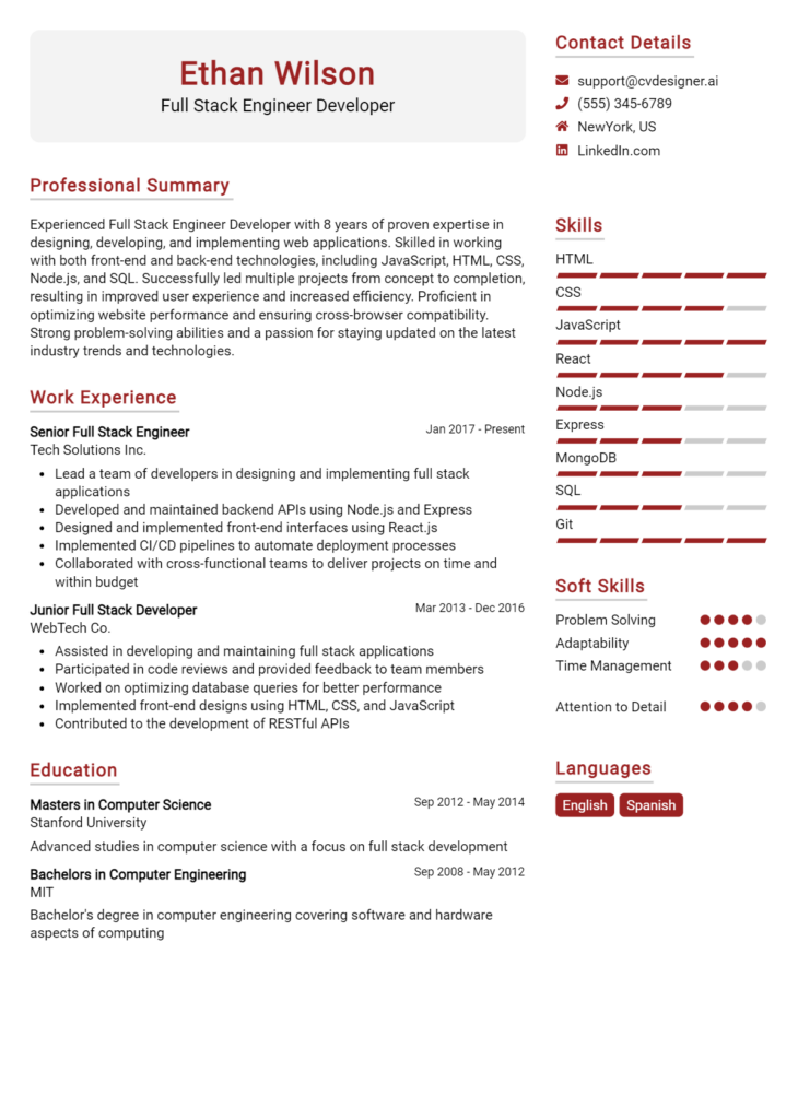 Full Stack Engineer Developer Resume Example