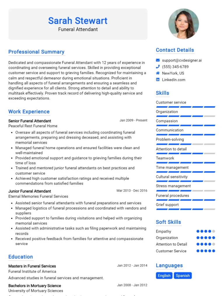 Funeral Attendant CV Example For 2025: Effective CV Writing Tips