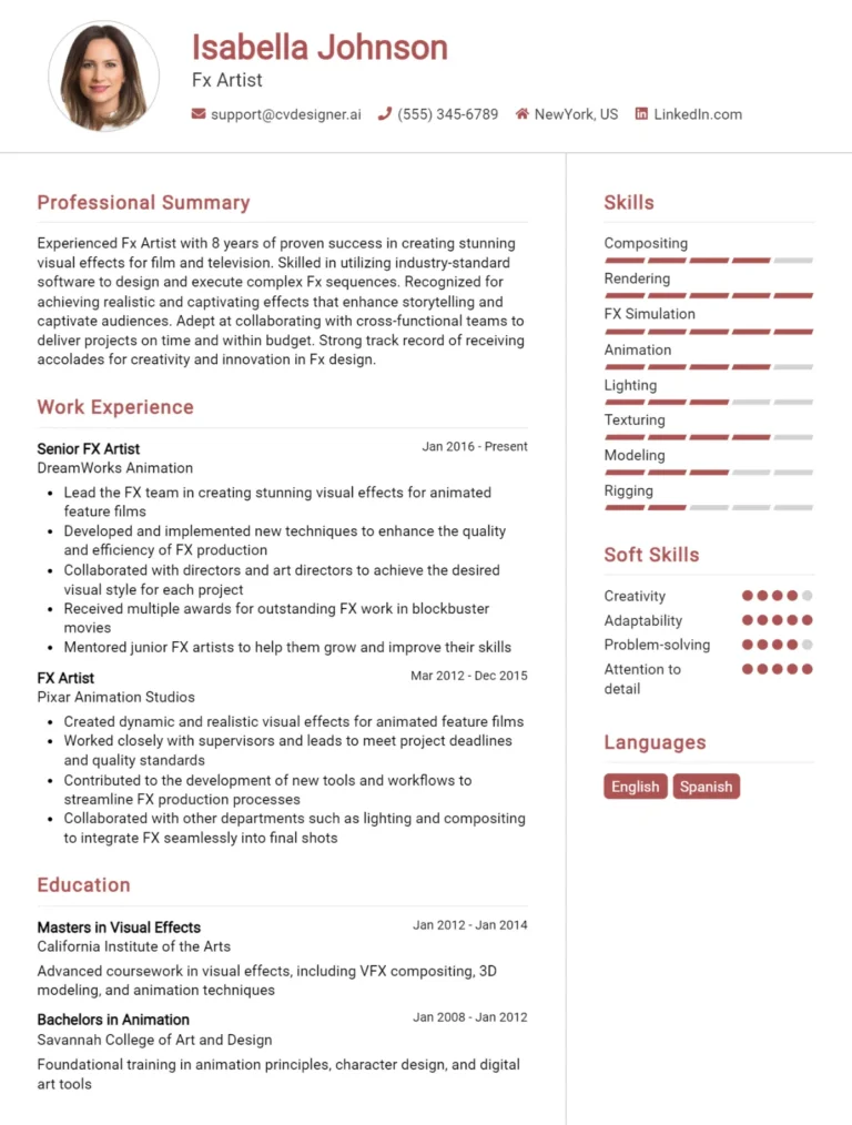 Fx Artist CV Example For 2025: Tips & Templates