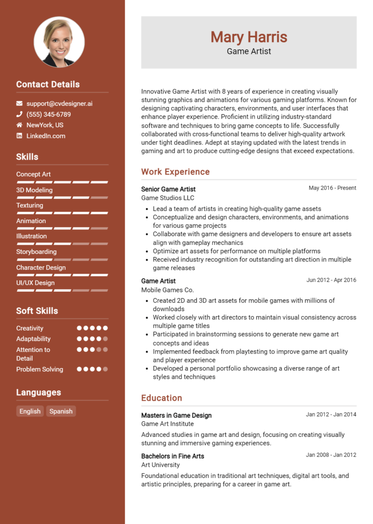 Game Artist Resume Example for 2025: Free Samples