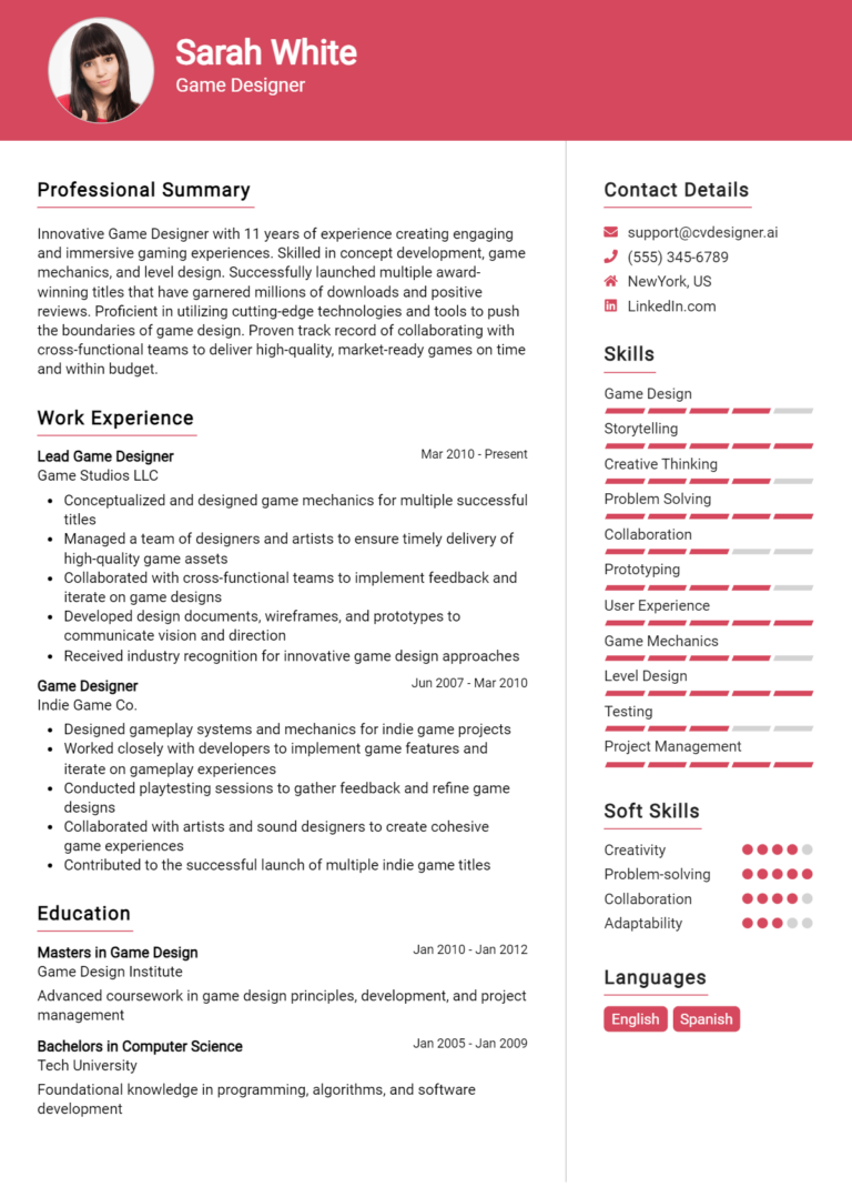 Game Designer Resume Example for 2025: Downloadable Templates
