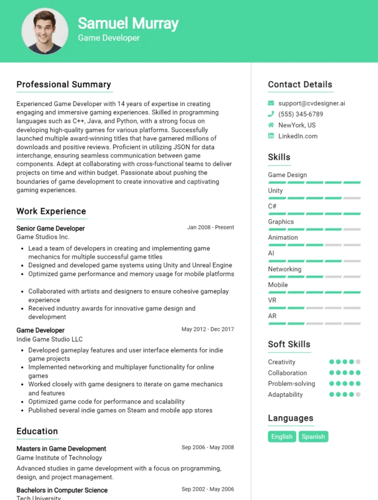 Game Developer CV Example For 2025: Samples & Best Practices