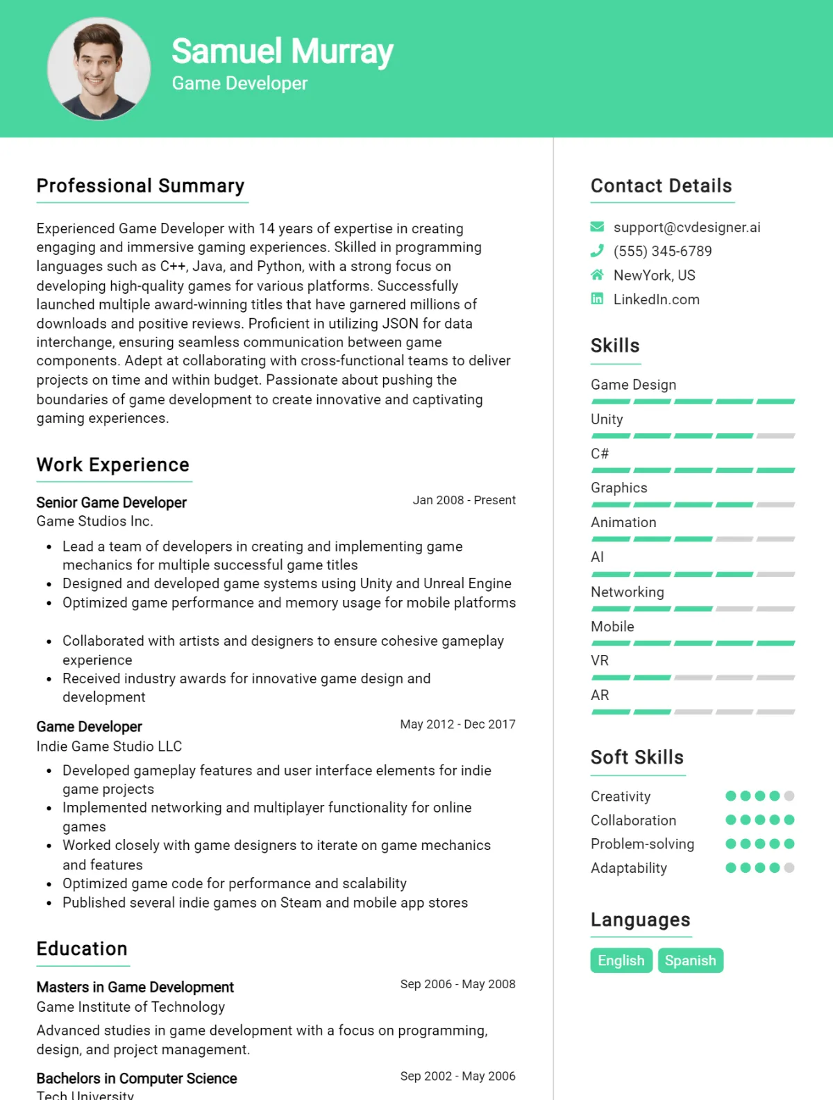 Game Developer CV Example