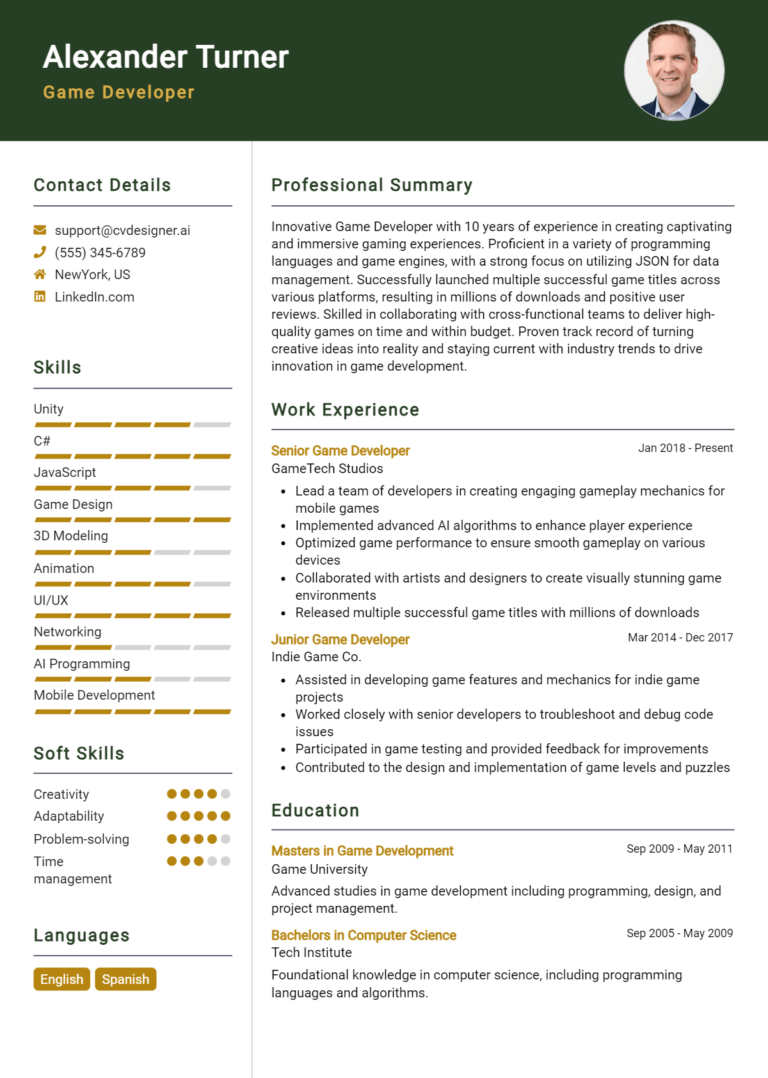 Game Developer Resume Example for 2025: Free Guide