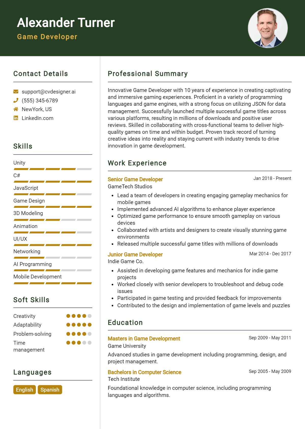 Game Developer Resume Example