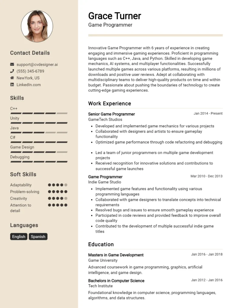 Game Programmer CV Example For 2025: Top CV Skills
