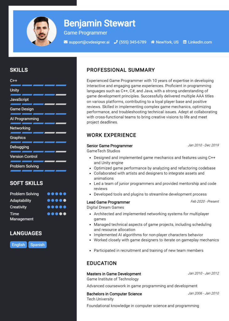 Game Programmer Resume Example