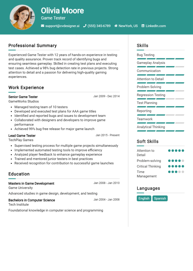 Game Tester Resume Example for 2024: Writing Guide - CVDesigner.ai