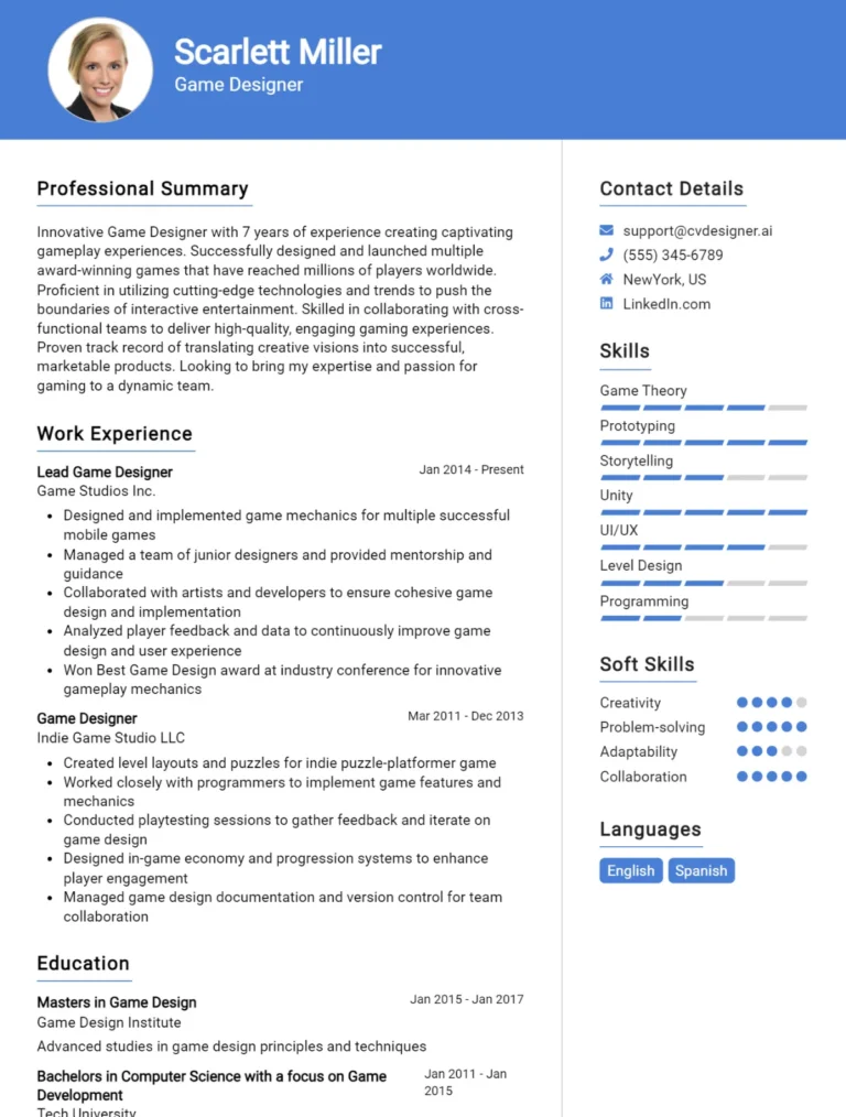 Game Designer CV Example For 2025: How to Create a Professional CV