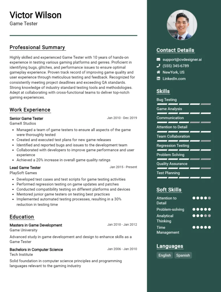 Game Tester CV Example