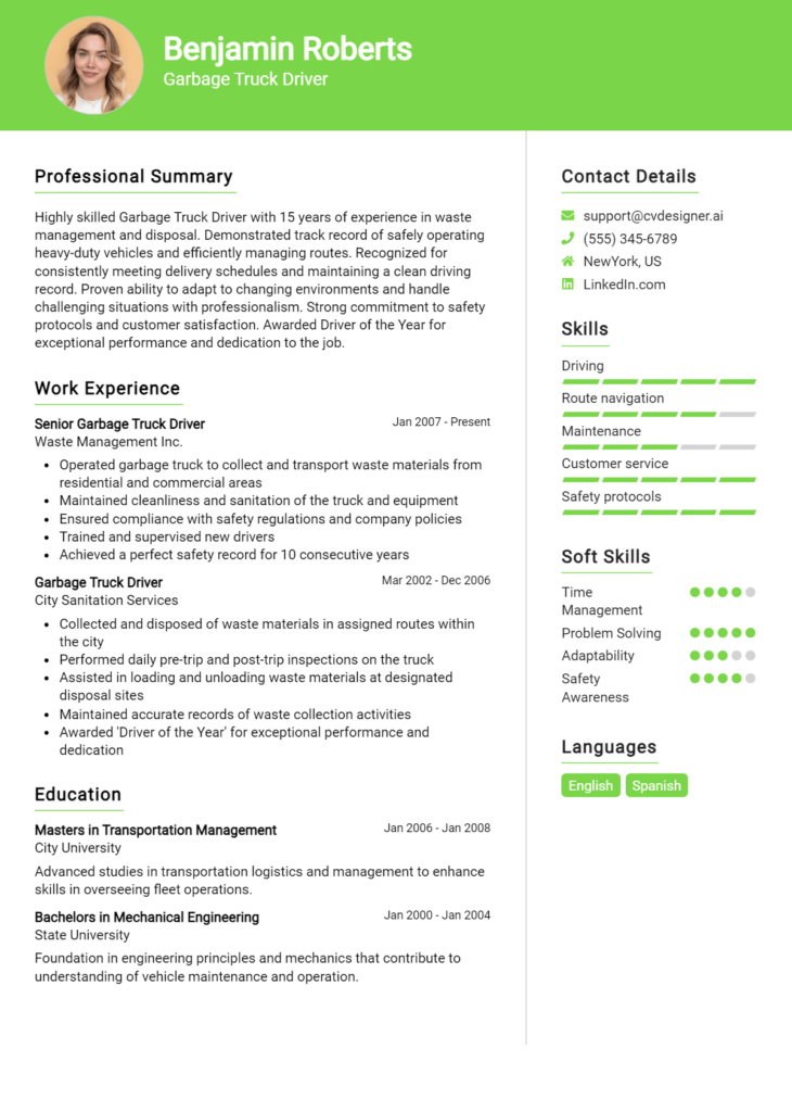 Garbage Truck Driver Resume Example