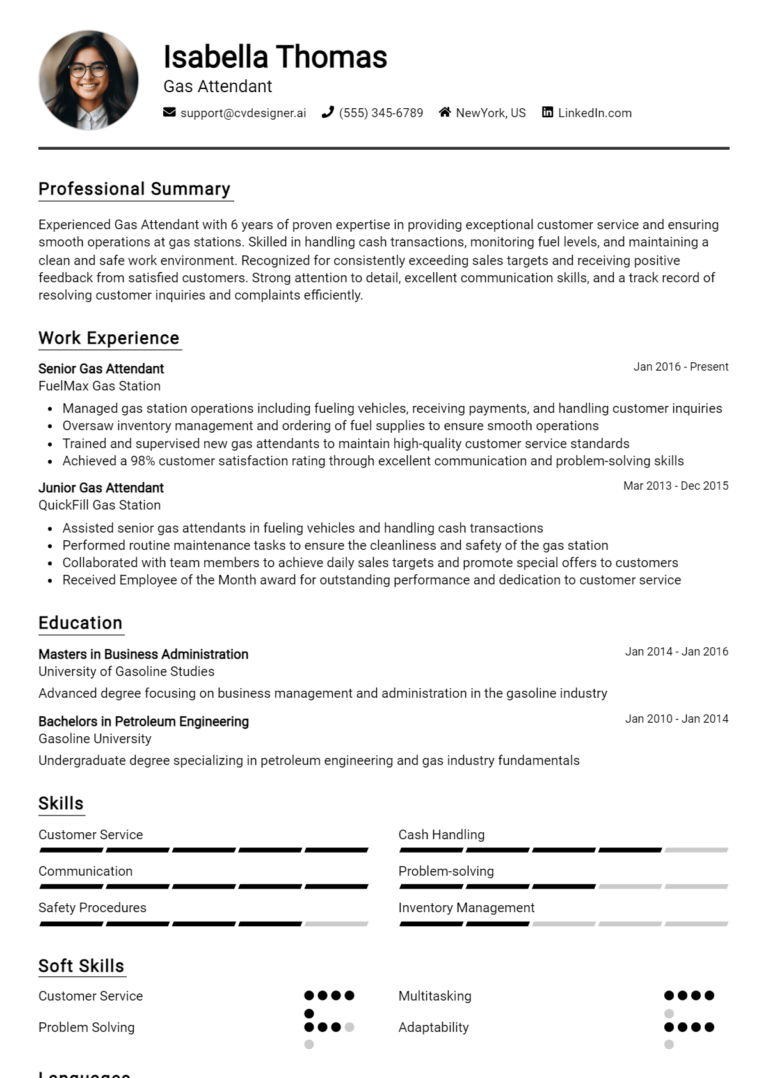 Gas Attendant Resume Example for 2025: Free Downloadable Templates