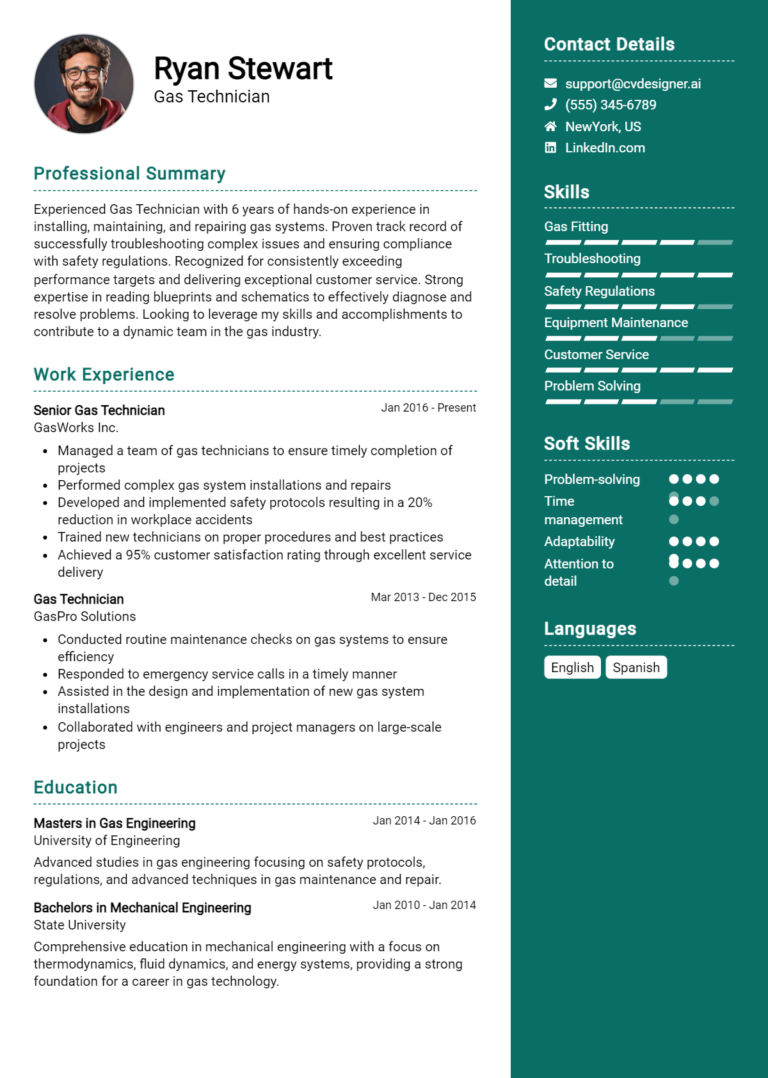 Gas Technician Resume Example for 2025: Professional CV Templates
