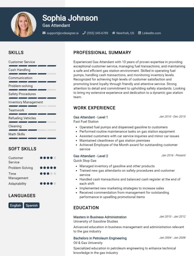 Gas Attendant CV Example For 2025: Professional CV Templates