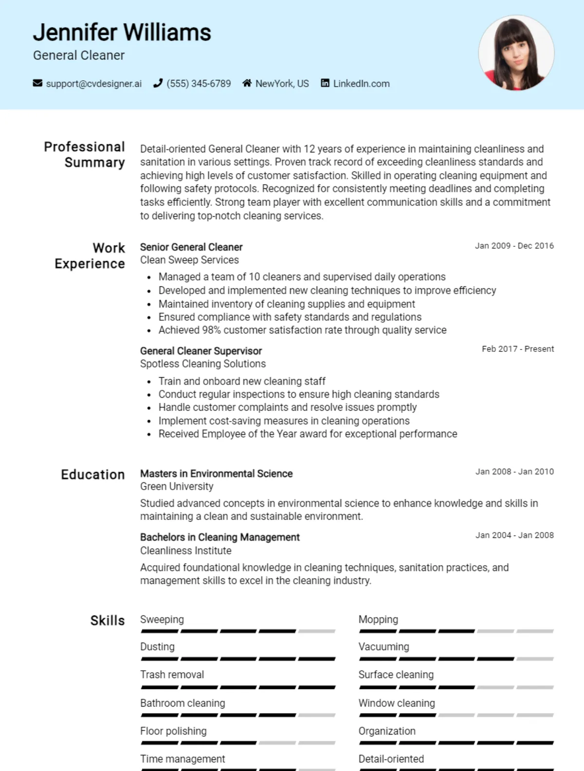 General Cleaner CV Example