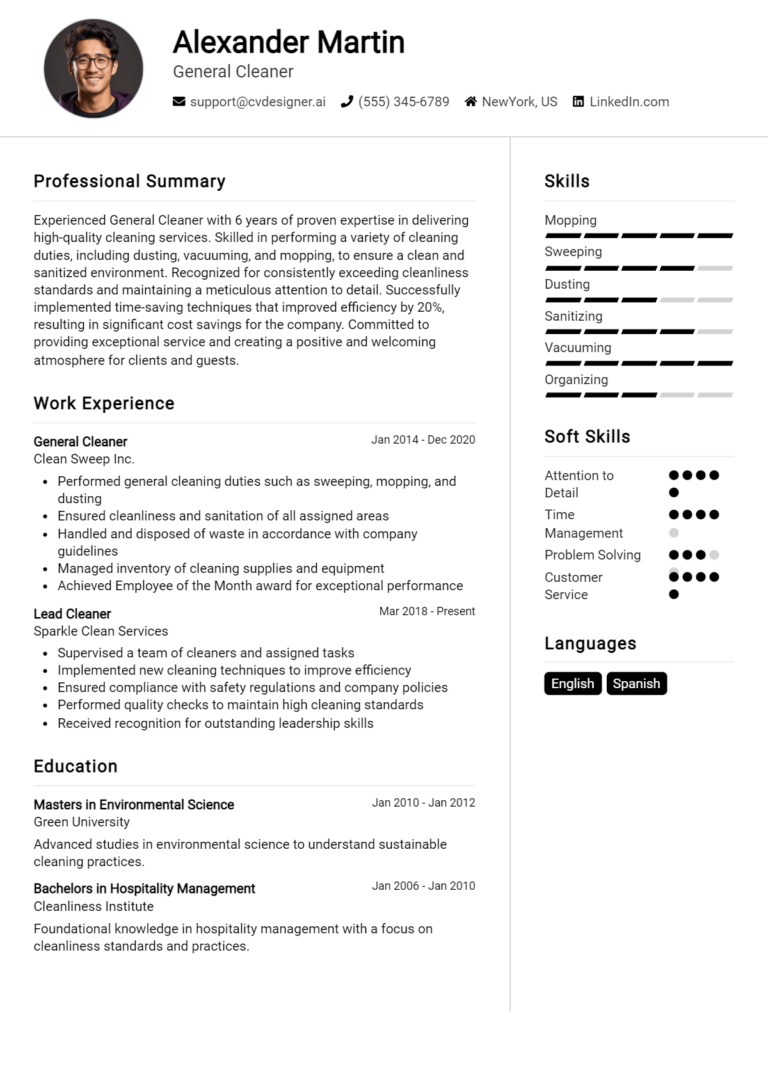 General Cleaner Resume Example for 2025: Strategies & Templates