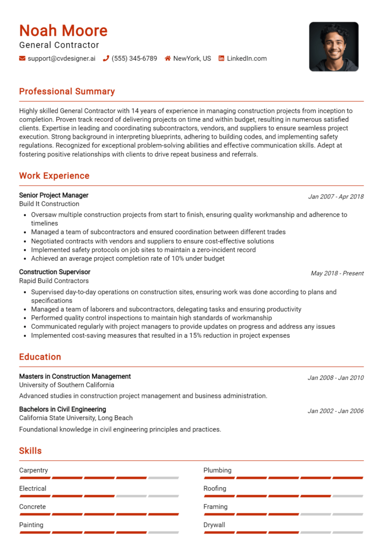 General Contractor Resume Example for 2025: Ultimate Guide