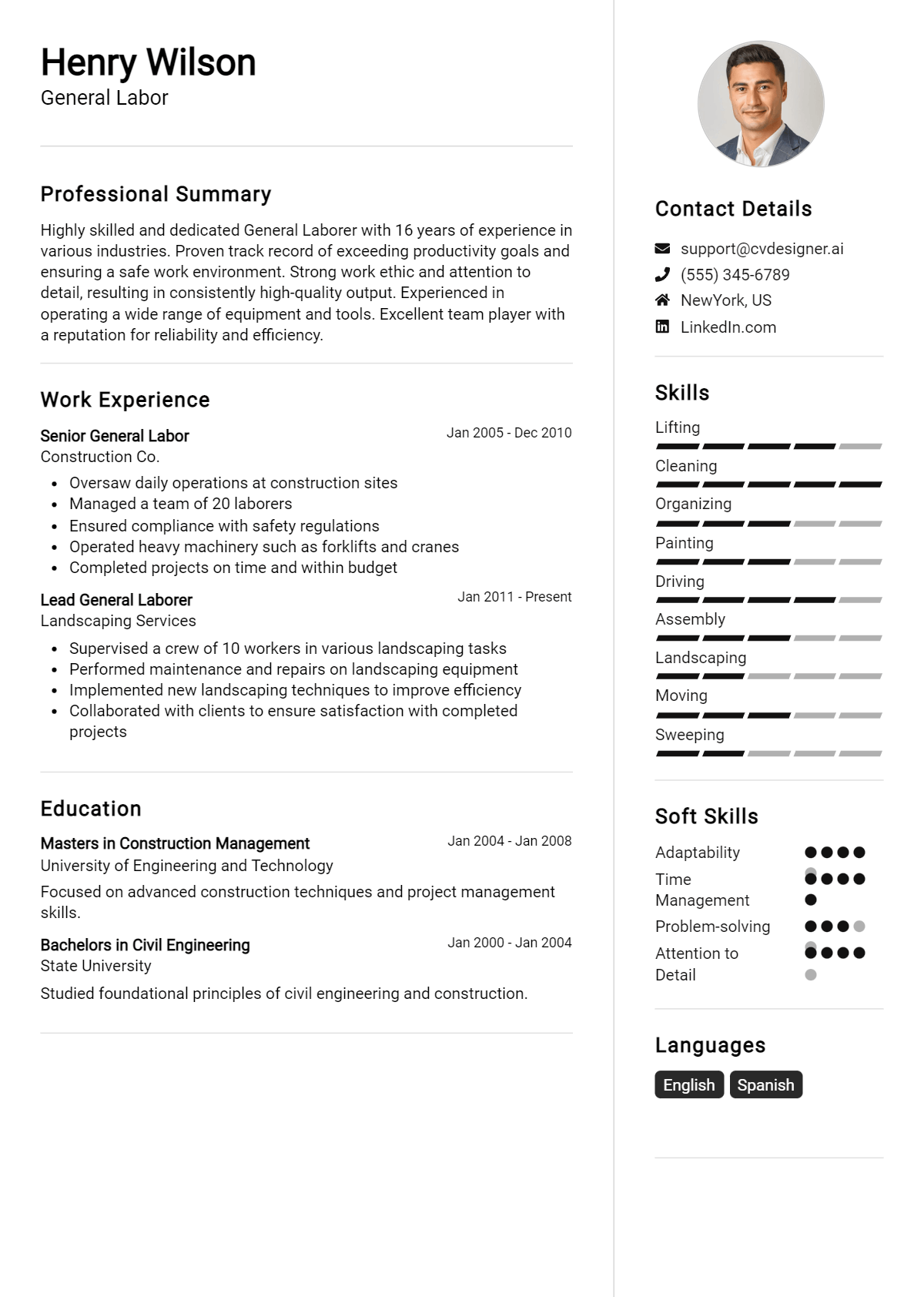 General Labor Resume Example