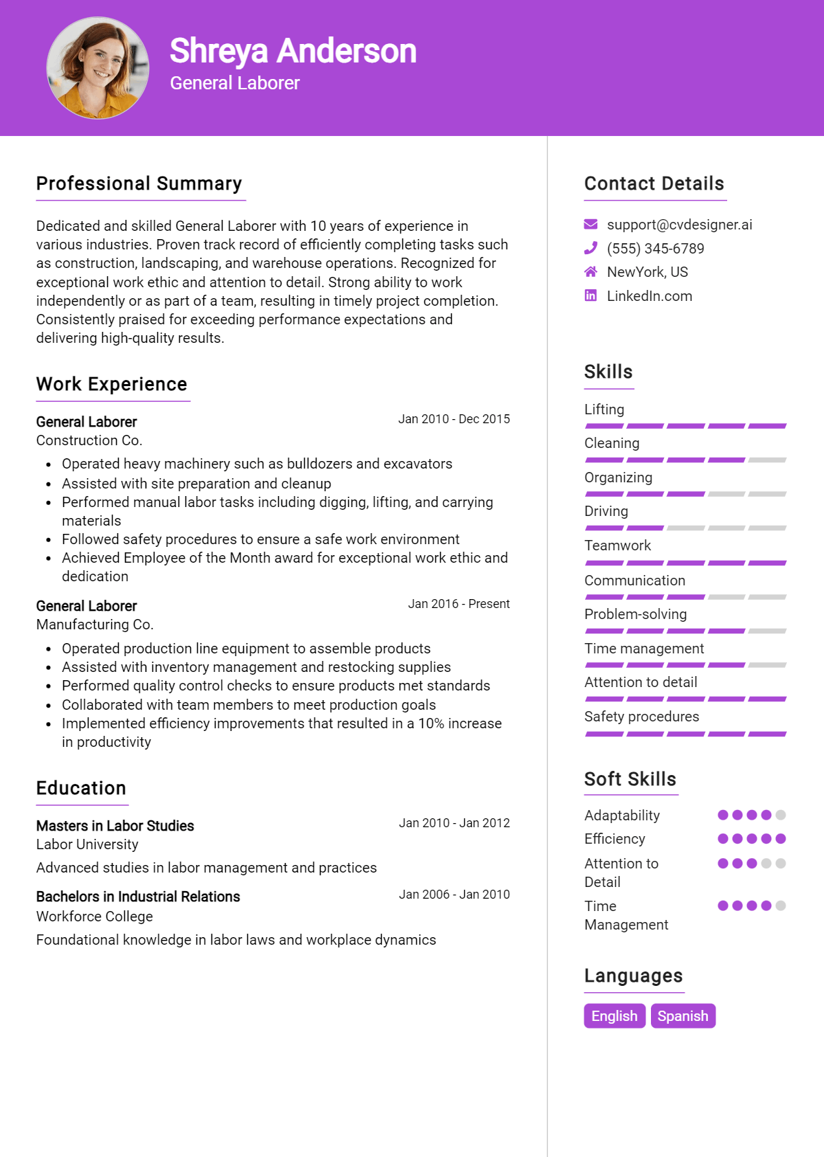 General Laborer Resume Example