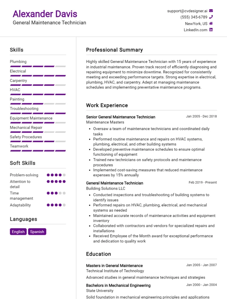 General Maintenance Technician CV Example