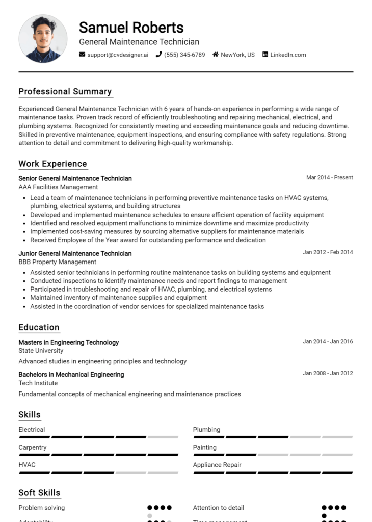 General Maintenance Technician Resume Example