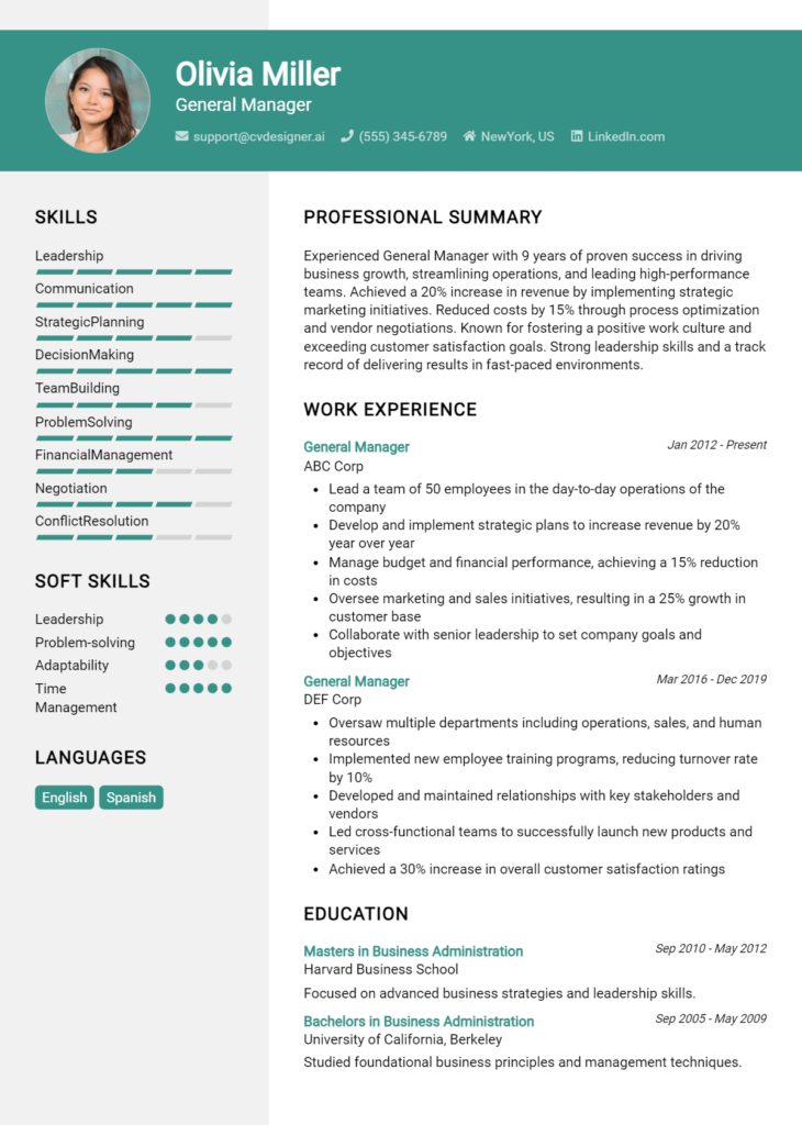 General Manager Resume Example for 2024: Free Examples - CVDesigner.ai