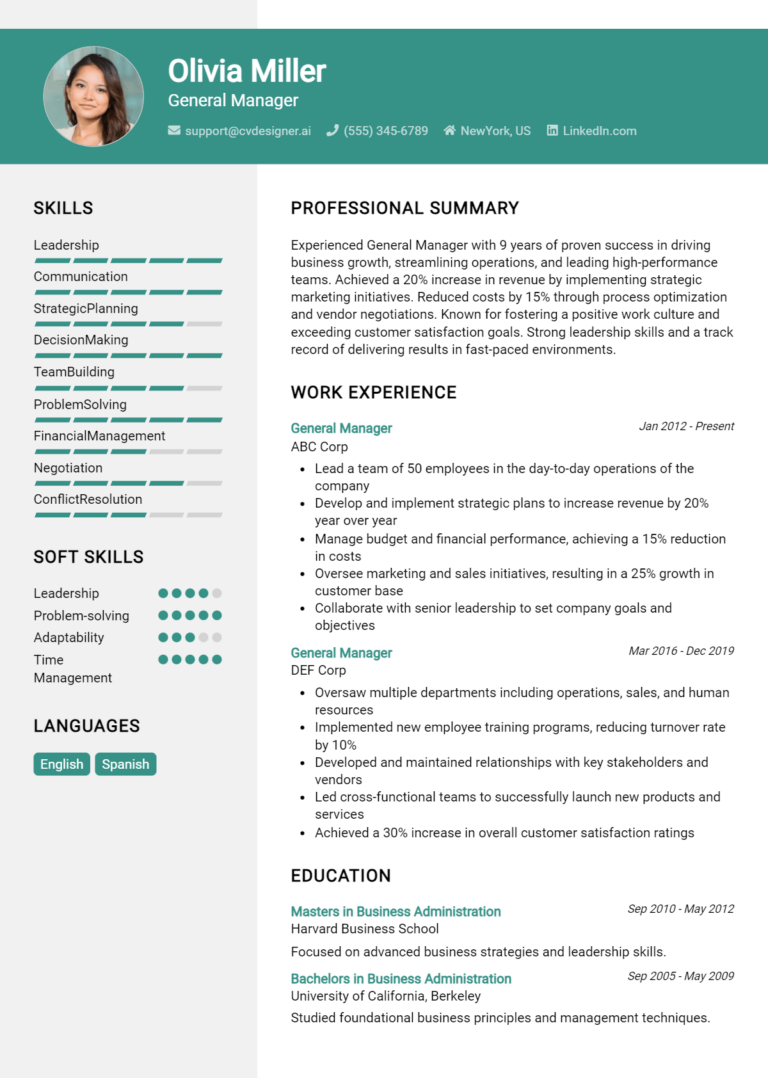 General Manager Resume Example for 2025: Free Examples