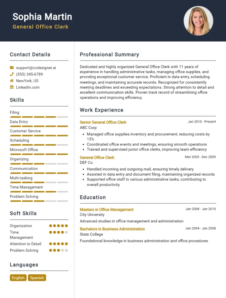 26 Office Clerk CV Examples And Free Templates For 2024 - CVDesigner.ai