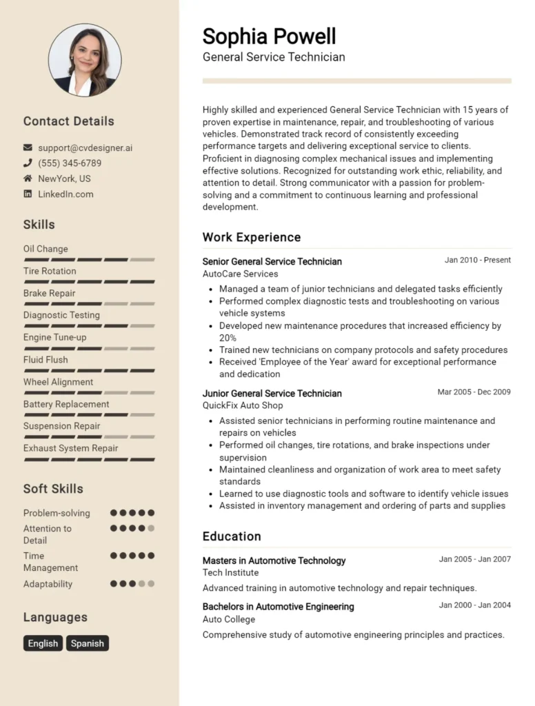 General Service Technician CV Example